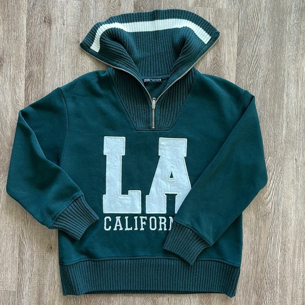 Zara Los Angeles City Patch Half Zip Sweatshirt Forest Green Size Small - Picture 1 of 5